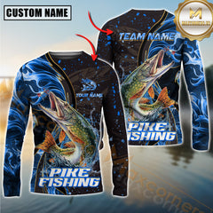 Custom Pike Fishing Shirt Long Sleeve – 3D Jumping Fish Design with Personalized Name and Team Name for Angler