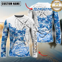 Maxcorners Mahi-Mahi Fishing Blue Camouflage Compass Hook Design Pattern Sport Jersey Personalized Name, Team Name Long Sleeve Shirt