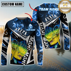Maxcorners Mahi-Mahi Fishing Silver Line Blue Flame Pattern Jersey Personalized Name, Team Name Long Sleeve Shirt