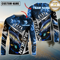 Maxcorners Marlin Fishing Silver Line Blue Flame Pattern Jersey Personalized Name, Team Name Long Sleeve Shirt
