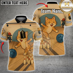 Maxcorners Bowling Shirt Cute Cat Cartoon Lane Scene Personalized Name, Team Name 3D Shirt