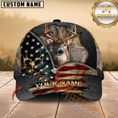 Maxcorners Buck Deer Antler American Flag Zipper Multicolor Options Personalized Name 3D Cap