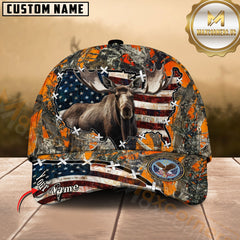 Maxcorners Hunting Moose Cap American Flag Camo Multicolor Options Personalized Name 3D Cap