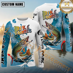 Maxcorners Pike Hunter Fishing Graphic Splash Effect Personalized Name, Team Name Long Sleeve Shirt