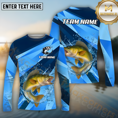 Maxcorners Walleye Fishing Blue Ocean Basic Pattern Pattern Sport Jersey Personalized Name, Team Name Long Sleeve Shirt
