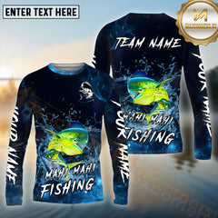 Maxcorners Mahi-Mahi Fishing Blue Splash Water Effect Pattern Sport Jersey Personalized Name, Team Name Long Sleeve Shirt