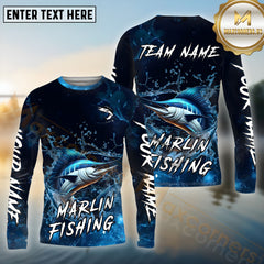 Maxcorners Marlin Fishing Blue Splash Water Effect Pattern Sport Jersey Personalized Name, Team Name Long Sleeve Shirt