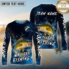Maxcorners Walleye Fishing Blue Splash Water Effect Pattern Sport Jersey Personalized Name, Team Name Long Sleeve Shirt