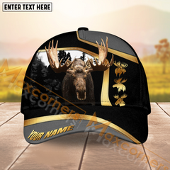 Maxcorners Forest Hunting Black Grey With Line Gold Pattern Design Personalized Name 3D Cap (Deer/Moose/Elk/Turkey/Boar/Duck)