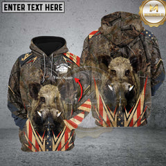 Maxcorners Boar Hunting Antler Grass Brown Camo Forest USA Flag Pattern Custom Name Shirt 3D All Over Printed Clothes