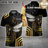 Bold darts shirt design with an aggressive hornet character and dartboard background in yellow and black tones.