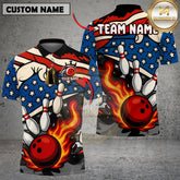 Maxcorners Bowling Shirt Flame Ball Explosion USA Flag Multicolor Options Personalized Name, Team Name Unisex 3D Shirt (4 Colors)
