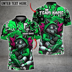 Urban streetwear bowling shirt with a graffiti background, featuring a relaxed cartoon wolf in a red hoodie holding a bowling ball.