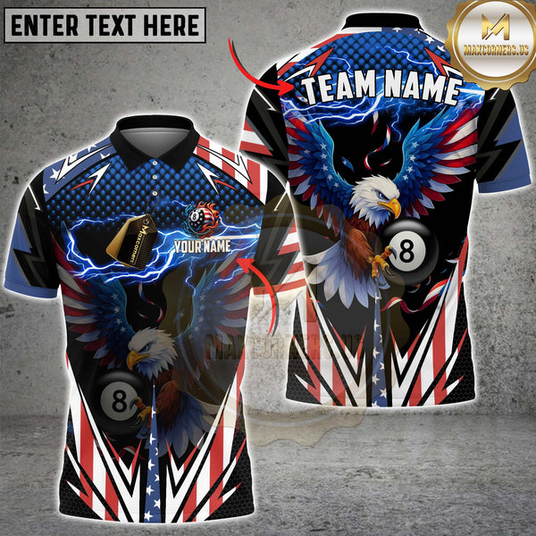 Maxcorners Billiards Shirt American Bald Eagle 8 Ball Lightning USA Flag Style Personalized Name, Team Name Unisex 3D Shirt