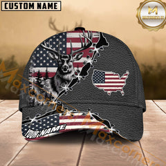 Maxcorners Patriotic Deer Hunting USA Map Stitch Design Multicolor Options Personalized Name 3D Cap