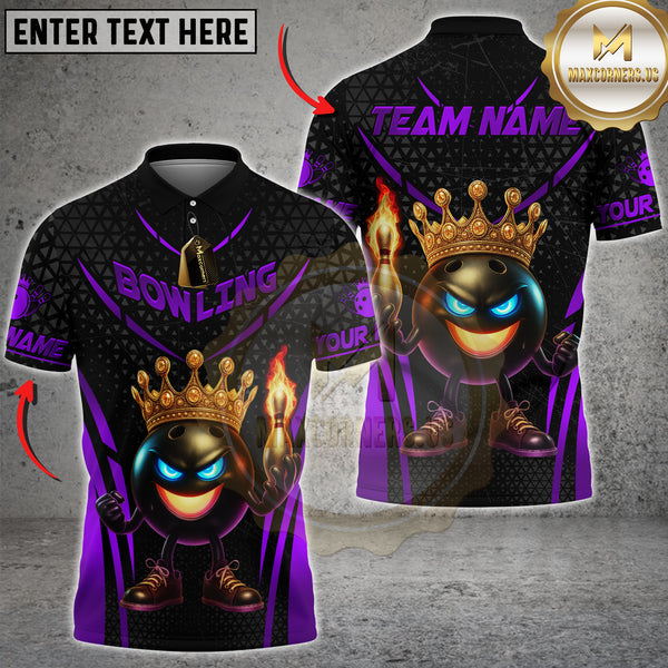 Black and gold bowling shirt with a cartoon king bowling ball holding a flaming pin, wearing a golden crown.