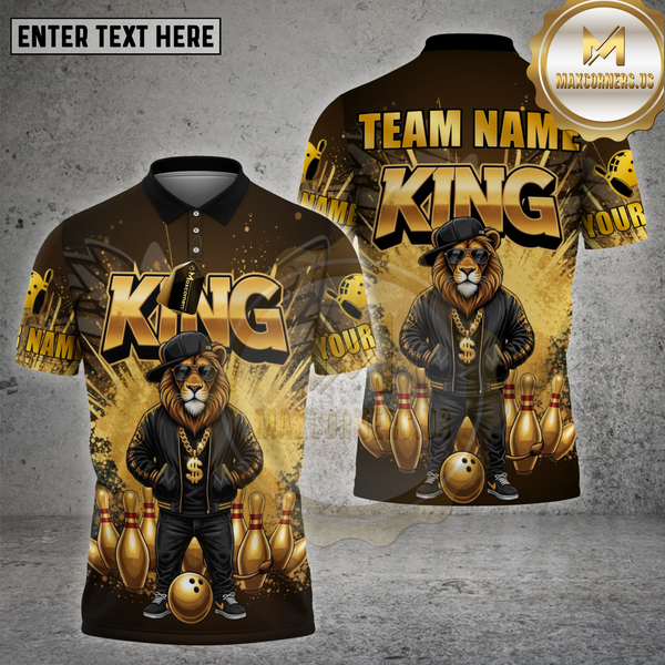 Maxcorners Bowling Shirt Lion King Streetwear Gold Crown Multioptions Personalized Name, Team Name Unisex 3D Shirt