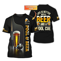 Maxcorners Custom Pool & Beer Shirt – Life Is Better With a Beer and Cue – Black Gold Billiards Tee LM0509