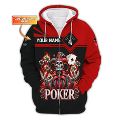 Custom Poker T-Shirt – Fiery Joker Skull, Playing Cards & Poker Chips, Gift For Poker Players