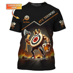 Maxcorners Custom Axe Throwing Shirt β Funny Muscular Target King Design with Beer & Axe β Personalized Black & Orange Jersey for Teams & Events MT2009
