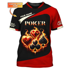 Maxcorners Custom Fiery Poker T-Shirt - Glowing Card Suits & Bold Black-Red Design, Gift For Poker PlayersLM1009