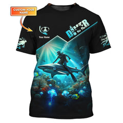 Maxcorners 3D Full Print Diver T-Shirt Underwater Adventure With Sharks Personalized Name Gift For Diver Lovers LM2111