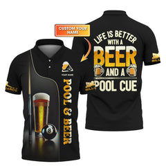 Maxcorners Custom Pool & Beer Shirt – Life Is Better With a Beer and Cue – Black Gold Billiards Tee LM0509