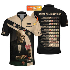 Maxcorners Personalized Name Skeleton Playing Poker Shirts, Funny Poker T-Shirt, Men’s Poker PolosLM1009