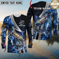 Maxcorners Marlin Fishing Blue Fire Splash Personalized Name, Team Name Long Sleeve Shirt