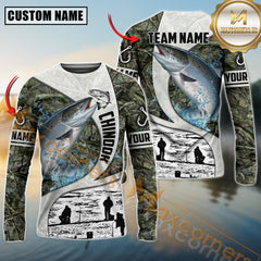 Maxcorners Chinook Fishing Camo Forest Scene Personalized Name, Team Name Long Sleeve Shirt