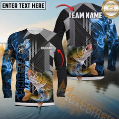 Maxcorners Walleye Fishing Geometric Blue Wave Personalized Name, Team Name Long Sleeve Shirt