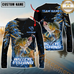 Maxcorners Walleye Fishing Hooked Jump Splash Personalized Name, Team Name Long Sleeve Shirt