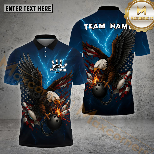 Maxcorners American Flag Eagle Bowling Jersey Customized Name, Team Name 3D Polo Shirt