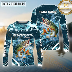 Maxcorners Pike Fishing Cyan Splash Pattern Sport Jersey Personalized Name, Team Name Long Sleeve Shirt