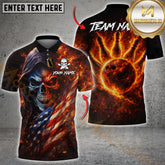 Maxcorners Bowling Shirt Flaming Skull with American Flag Fire Bowling Ball Back Design Multicolor Options Personalized Name, Team Name 3D Shirt (4 Colors)