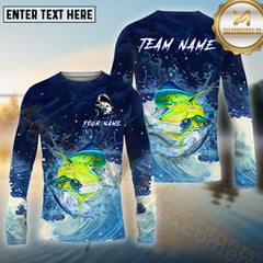 Maxcorners Mahi-Mahi Fishing Blue Wave Spash Pattern Sport Jersey Personalized Name, Team Name Long Sleeve Shirt