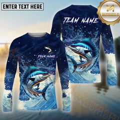Maxcorners Marlin Fishing Blue Wave Spash Pattern Sport Jersey Personalized Name, Team Name Long Sleeve Shirt