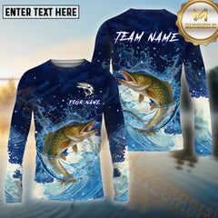 Maxcorners Pike Fishing Blue Wave Spash Pattern Sport Jersey Personalized Name, Team Name Long Sleeve Shirt