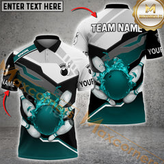 Maxcorners Bowling Ball & Pins Grey Rhombus Fire Bowling Ball Pattern Personalized Name, Team Name 3D Polo Shirt (4 Colors)