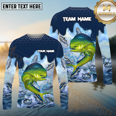 Maxcorners Mahi-Mahi Fishing Blue Wave Hunt Pattern Pattern Sport Jersey Personalized Name, Team Name Long Sleeve Shirt