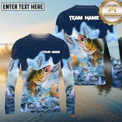 Maxcorners Walleye Fishing Blue Wave Hunt Pattern Pattern Sport Jersey Personalized Name, Team Name Long Sleeve Shirt