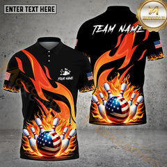 Maxcorners Fire Pattern US Flag Bowling Jersey Customized Name, Team Name 3D Polo Shirt