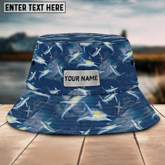Maxcorners Marlin Fishing Pattern Customized Name 3D Blue Bucket Hat