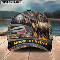 Maxcorners Moose Hunting Cross With USA Flag Camo Pattern Multicolor Personalized Name 3D Cap