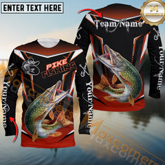 Maxcorners Pike Fishing Black Red Gradient Hexagon Pattern Sport Custom Name & Team Name 3D Shirts