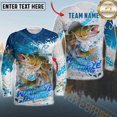 Maxcorners Walleye Fishing White Blue Water Fishing Pattern Sport Custom Name & Team Name 3D Shirts