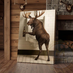 Maxcorners Moose Holding Beer at Urinal Wrapped Canvas