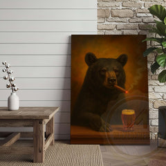 Maxcorners Black Bear with Beer Glass and Smoke Effect Wrapped Canvas