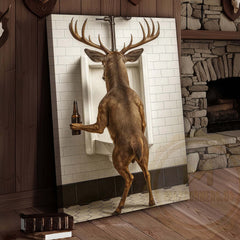 Maxcorners Deer Holding Beer at Urinal Wrapped Canvas