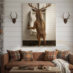 Maxcorners Deer Holding Beer at Urinal Wrapped Canvas
